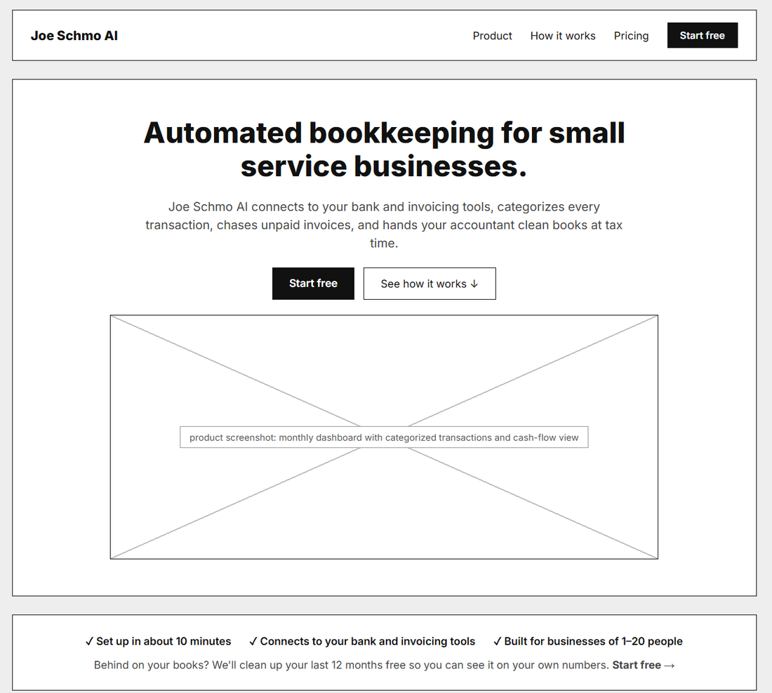 A wireframed homepage from The Squeeze, with headline, subhead, and section copy written out